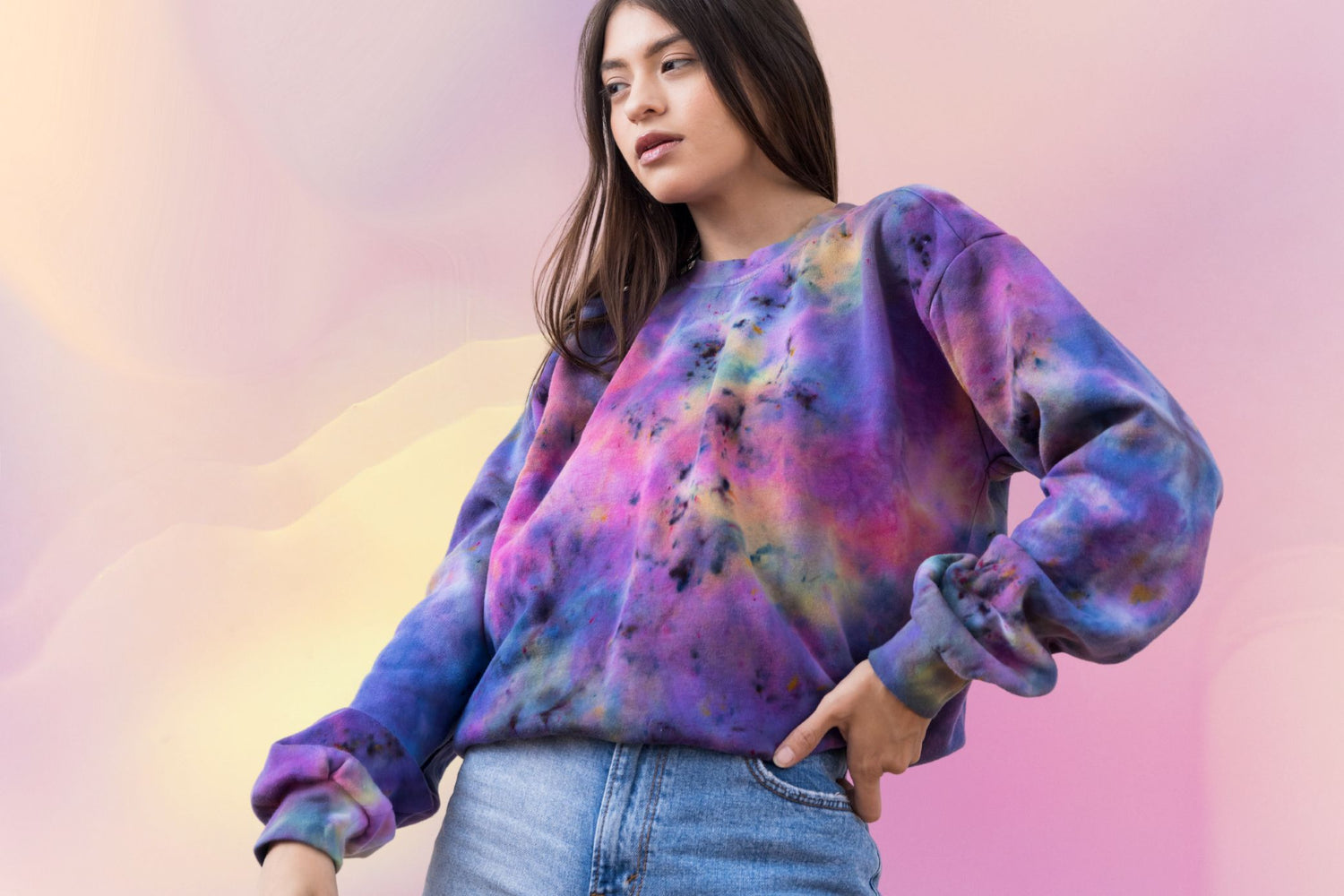 Vibrant, hand-dyed tie-dye sweatshirt radiating a rainbow of colors - a unique blend of comfort and creativity. Make your style statement with this wearable work of art!