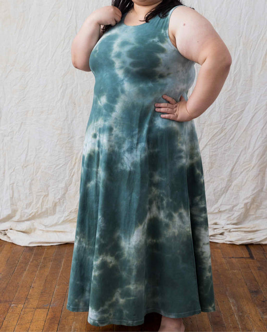 Size M - Sage Green Tie Dye Cotton Floor Length Maxi Dress A-Line Sleeveless Fit Plus Size