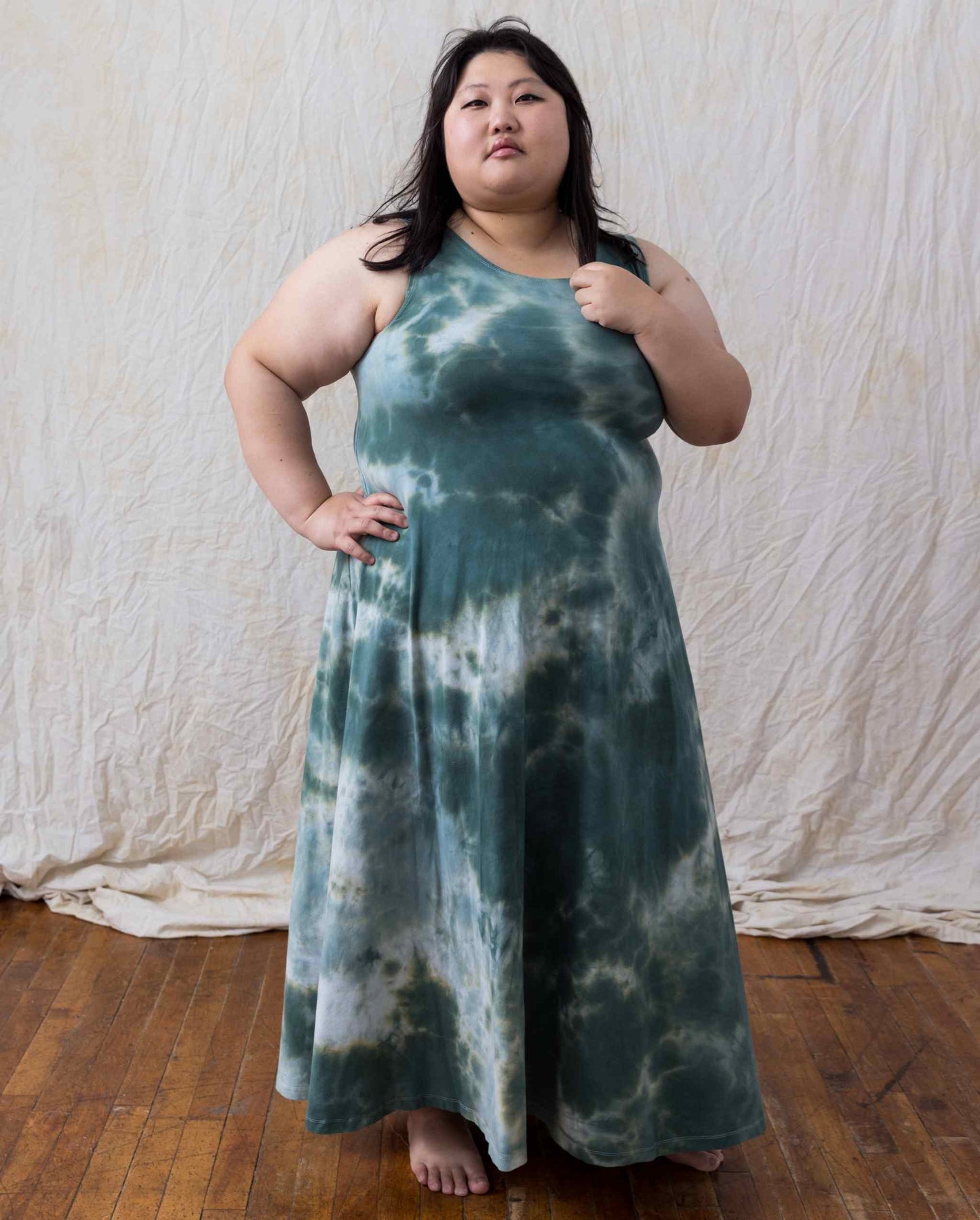 Size M - Sage Green Tie Dye Cotton Floor Length Maxi Dress A-Line Sleeveless Fit Plus Size