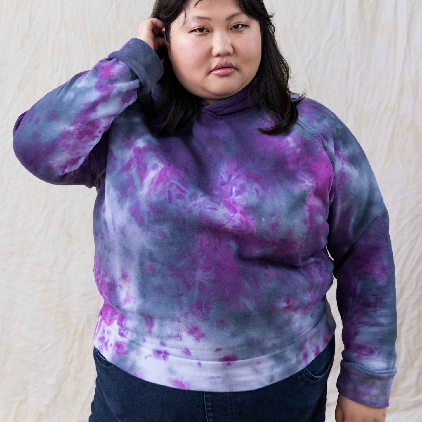 Black and purple crop hoodie tie dye fleece plus size